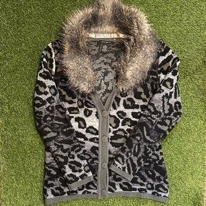 Y/Project Black and Gray Leopard Cardigan with Faux Fur Collar